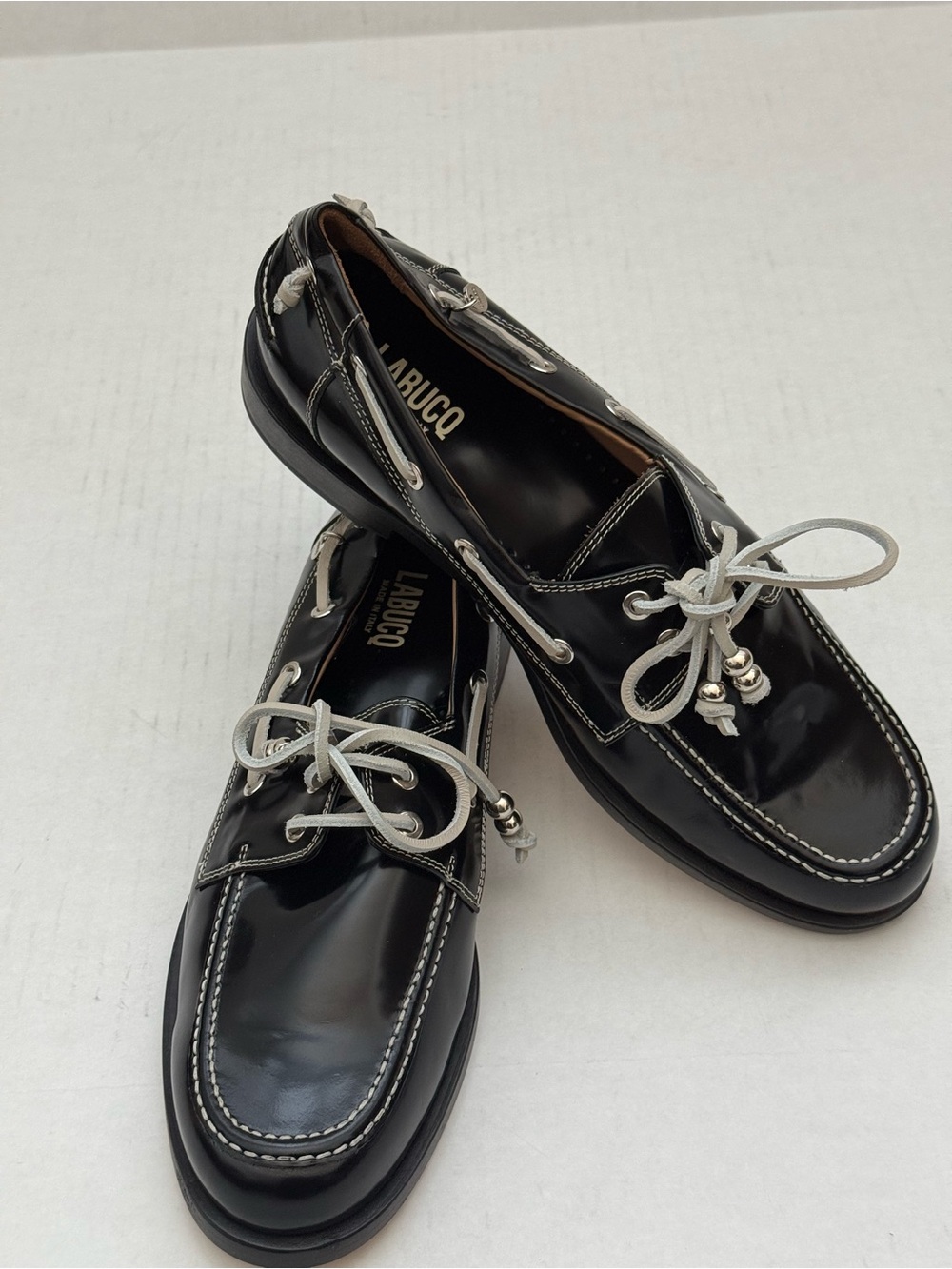 Labucq Black Leather Boat Loafer with White Laces Size 42 or 10.5 - Picture 13 of 13